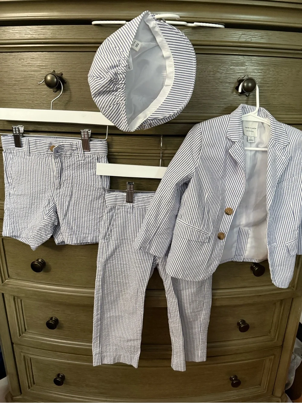 Janie and Jack White and Blue Seersucker Stripe Hat and Suit Set